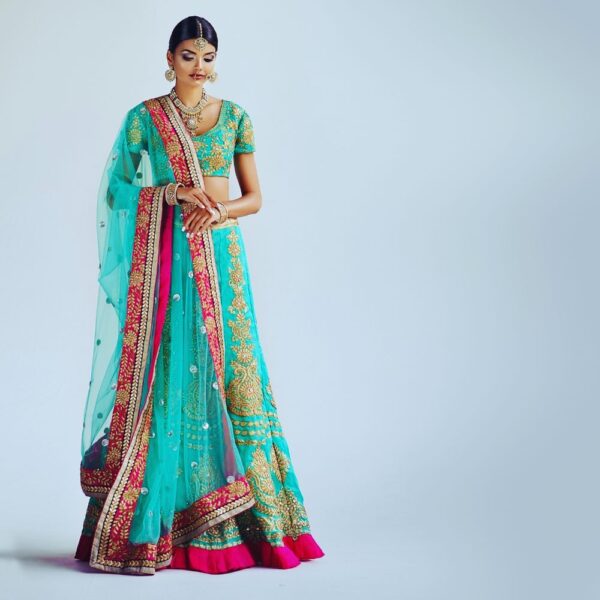 Elegant Teal and Pink Embroidered Lehenga Choli with Dupatta
