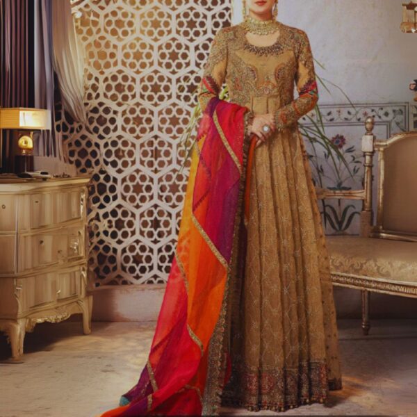 Beige Embroidered Maxi Dress for Walima – Modern Pakistani Party Wear
