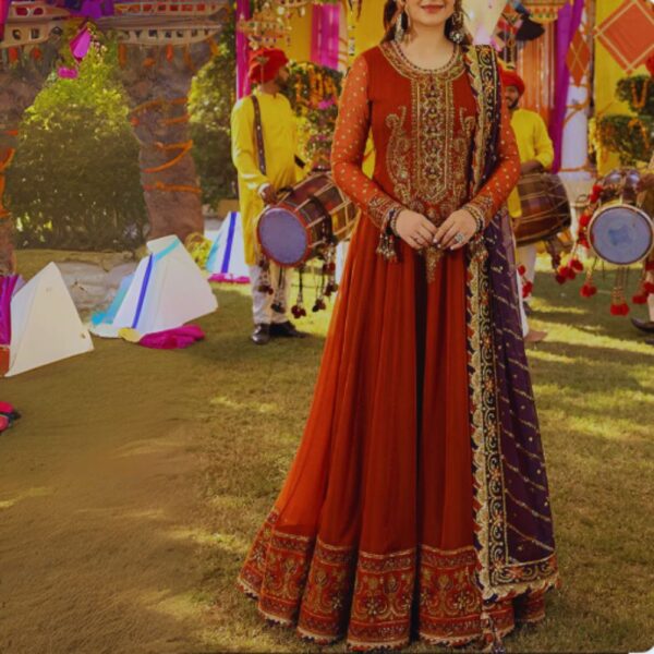 Dark Orange Embroidered Maxi Dress for Party Wear with Dupatta