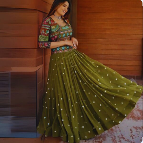 Boho Chic Olive Green Lehenga with Mirror Work Blouse – Perfect for Mehndi & Sangeet Nights
