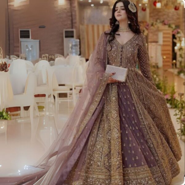 Luxurious Embroidered Mauve Maxi Dress with Dupatta