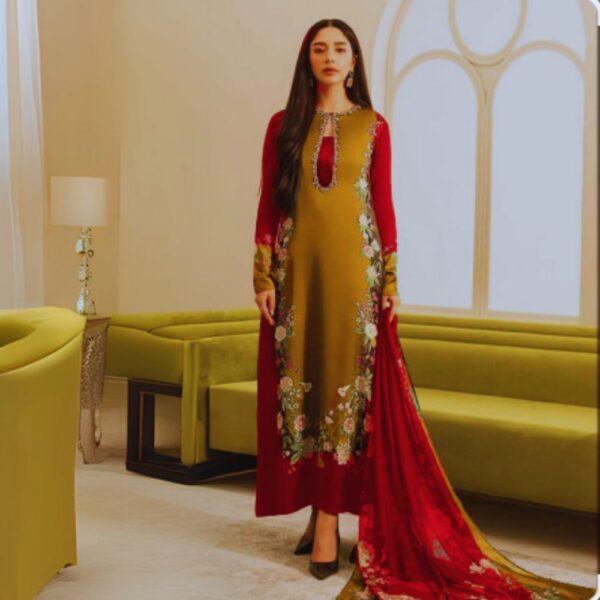 Elegant Mustard and Red Embroidered Shalwar Kameez – Festive & Formal Pakistani Wear